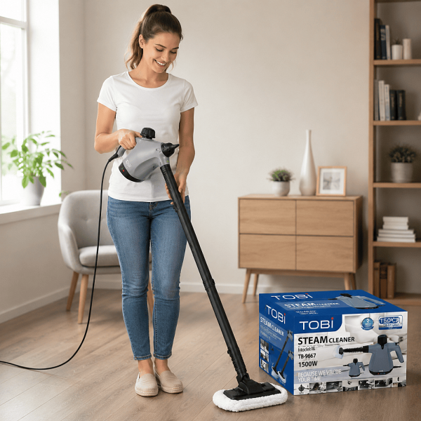 Мултифункционална Ръчна Парочистачка Tobi TB-967 1500W с Пълен Комплект от 15 Аксесоара за Дълбоко Екологично Почистване