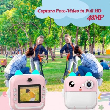 Детски фотоапарат Коте с мигновен печат, селфи камера и видео 1080P Детски фотоапарат Коте с мигновен печат, селфи камера и видео 1080P