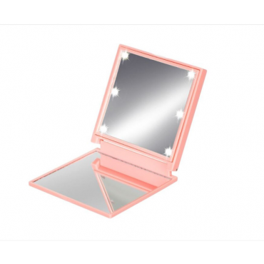 Козметично огледало във форма на квадрат с LED осветление в розов цвят - 7x7см