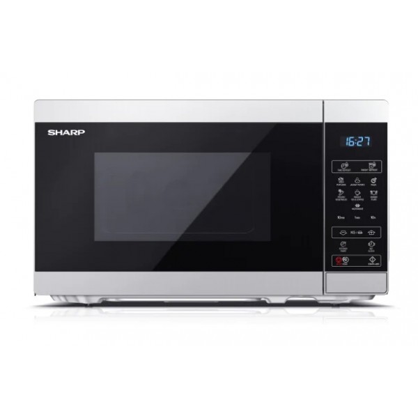 Микровълнова печка Sharp YC-MS02E-S в сребрист цвят с въртящ се диск и 11 режима на работа и специален бутон за направа на пуканки