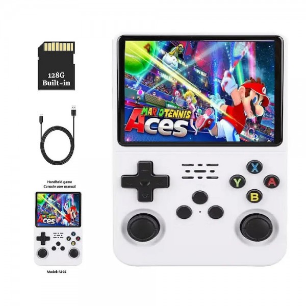 Ретро игрова конзола R36S Air Version,128GB с 22682 игри - преносима с 128 GB microSD карта, 3.5-инчов IPS дисплей 