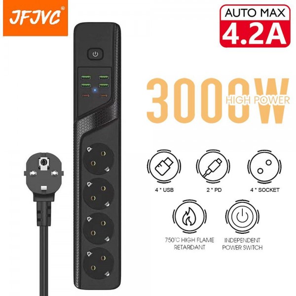 Универсален разклонител с 3 гнезда,4.2А, и мощност от 3000W, 2 Type-C портала и 4 USB порта