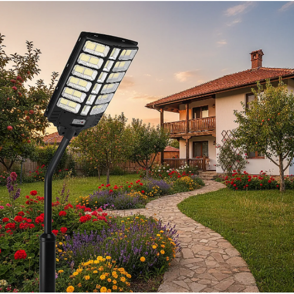 Соларна улична LED лампа с 936 LED диода, COB технология, автоматично включване при здрач и изключване при изгрев за домашни и професионални условия 
