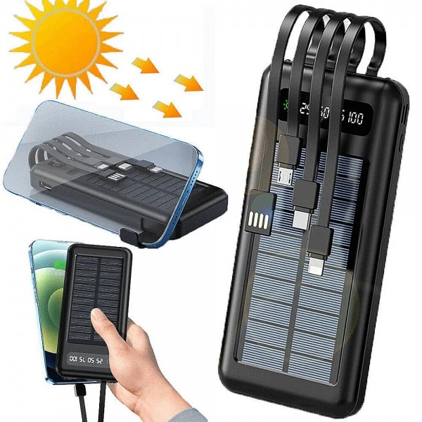 Външна батерия Power Bank с вграден соларен панел и две USB порта за зареждане - капацитет 30000 mAh 