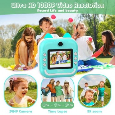 Зелена детска смарт камера с Bluetooth, моментален печат, игри и приложение FUN PRINT