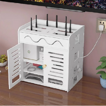 Органайзер шкаф на 3 нива за Wi-Fi рутер и кабели с множество отвори за естествен въздушен поток Органайзер шкаф на 3 нива за Wi-Fi рутер и кабели с множество отвори за естествен въздушен поток